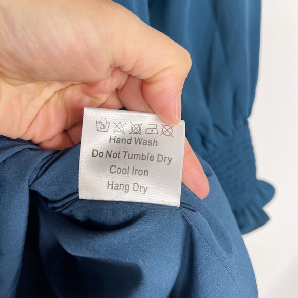 OPT Small Teal Blue Bay VNeck Tiered Long Sleeve Dress Cocktail Smocked Cuffs - Picture 10 of 12